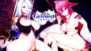 Хентай порно Genshin Impact, красотки с большой грудью получают сперма в жопе